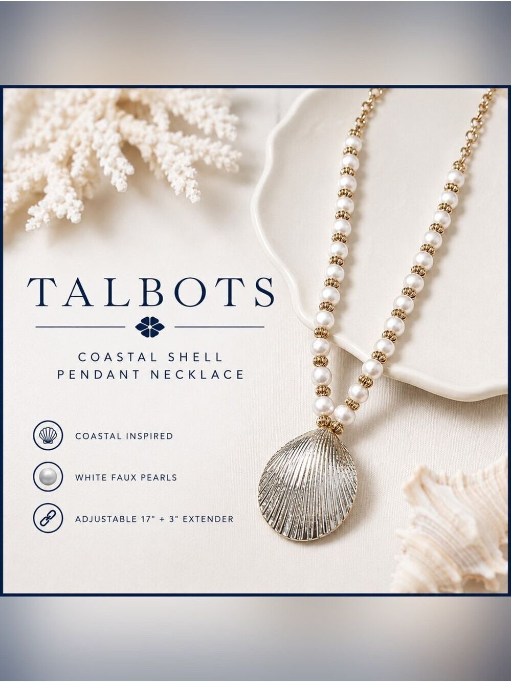 NWT Talbots Faux Pearl Shell Pendant Necklace Gold Tone Coastal Statement Beach